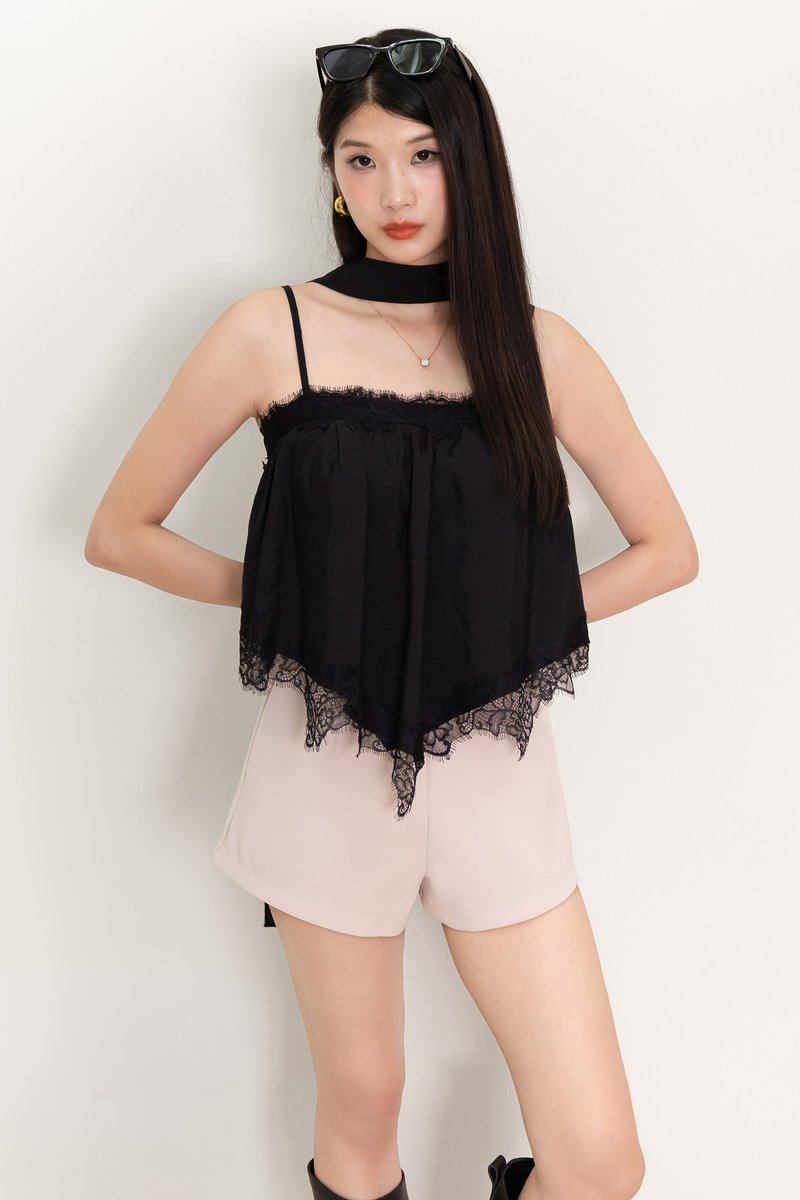 Liara Lace Trim Top With Sash in Black