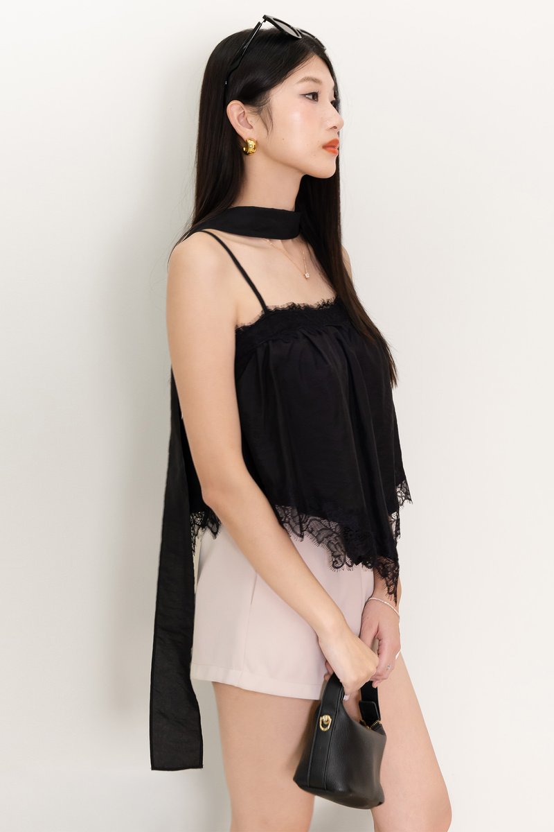 Liara Lace Trim Top With Sash in Black