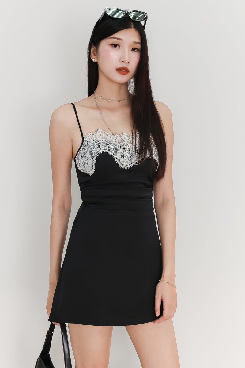 Leanne Lace Trim Romper Dress in Black