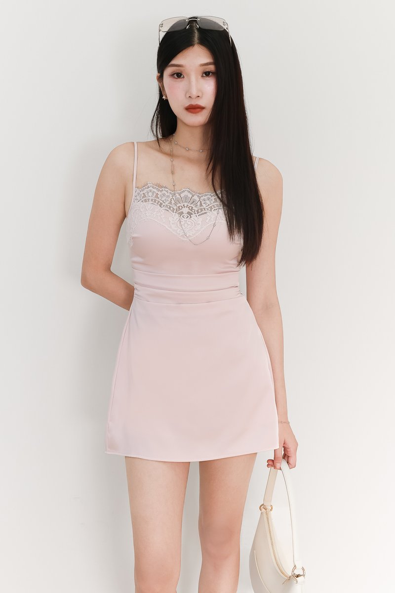 Leanne Lace Trim Romper Dress in Light Pink
