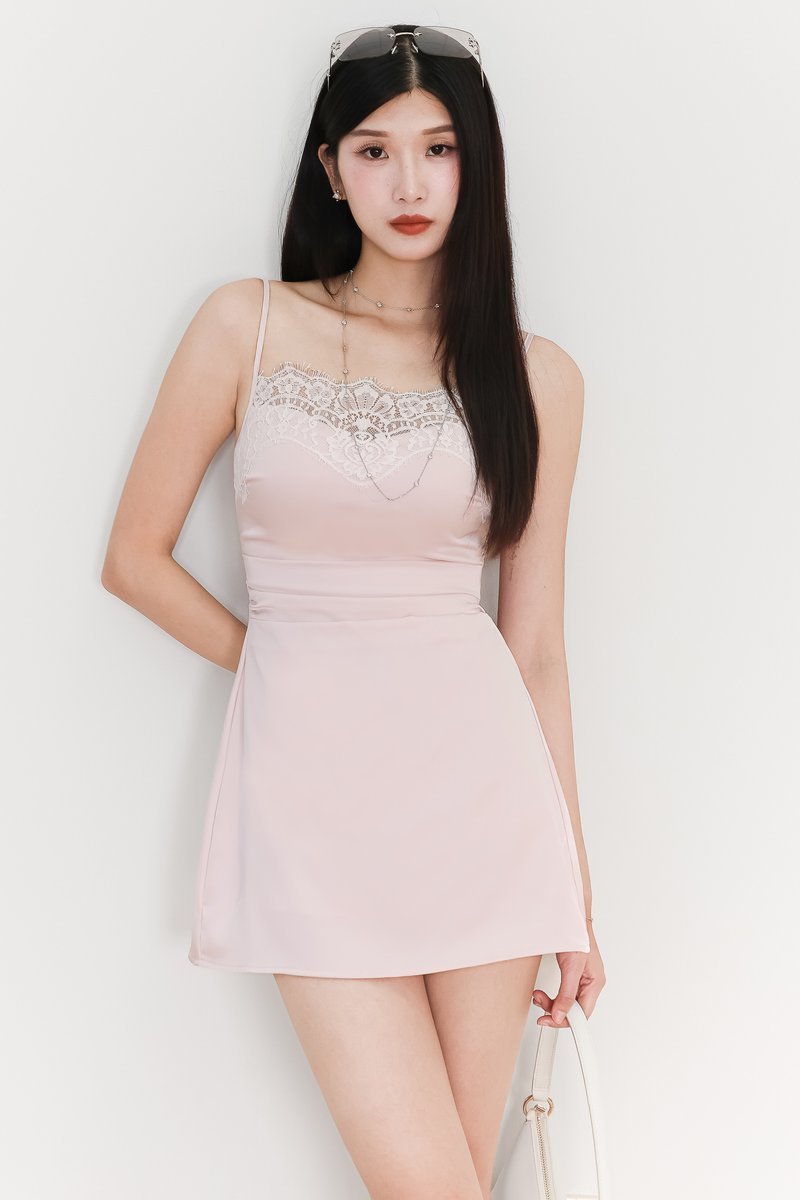 Leanne Lace Trim Romper Dress in Light Pink