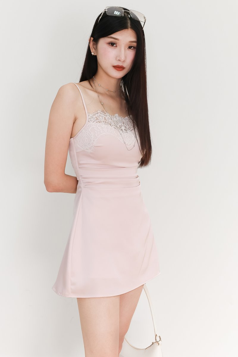 Leanne Lace Trim Romper Dress in Light Pink
