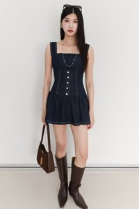 Cherine Chambray Romper Dress in Dark Wash