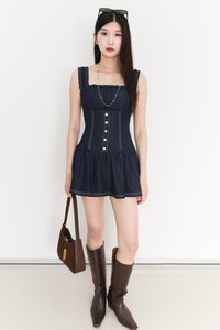 BACKORDER | Cherine Chambray Romper Dress in Dark Wash