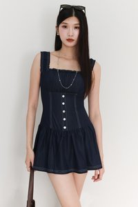 Cherine Chambray Romper Dress in Dark Wash