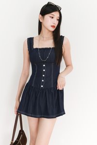BACKORDER | Cherine Chambray Romper Dress in Dark Wash