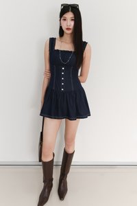 Cherine Chambray Romper Dress in Dark Wash