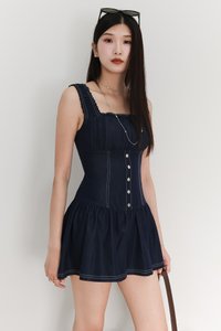 Cherine Chambray Romper Dress in Dark Wash