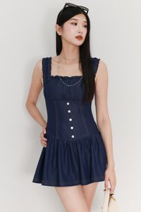 Cherine Chambray Romper Dress in Mid Wash