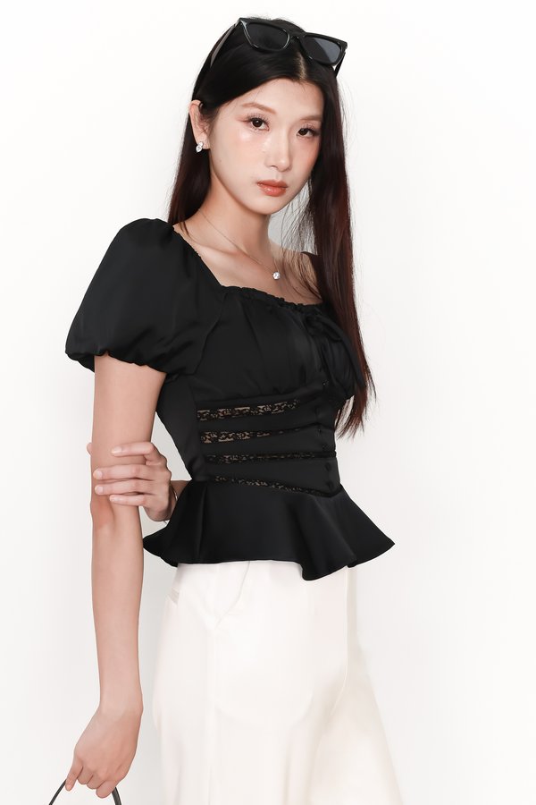 Perla Puffy Sleeved Top in Black