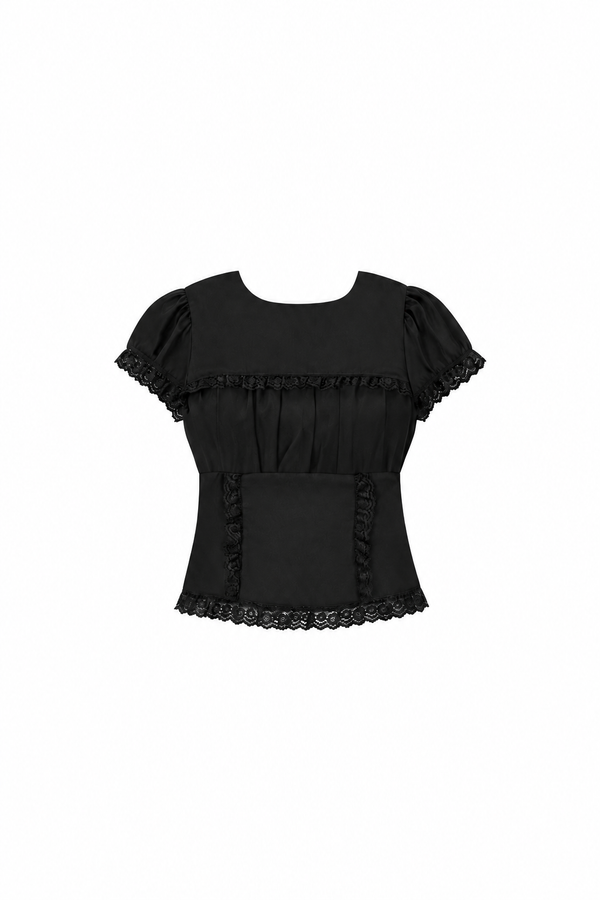 Sandra Sleeved Lace Trim Blouse in Black