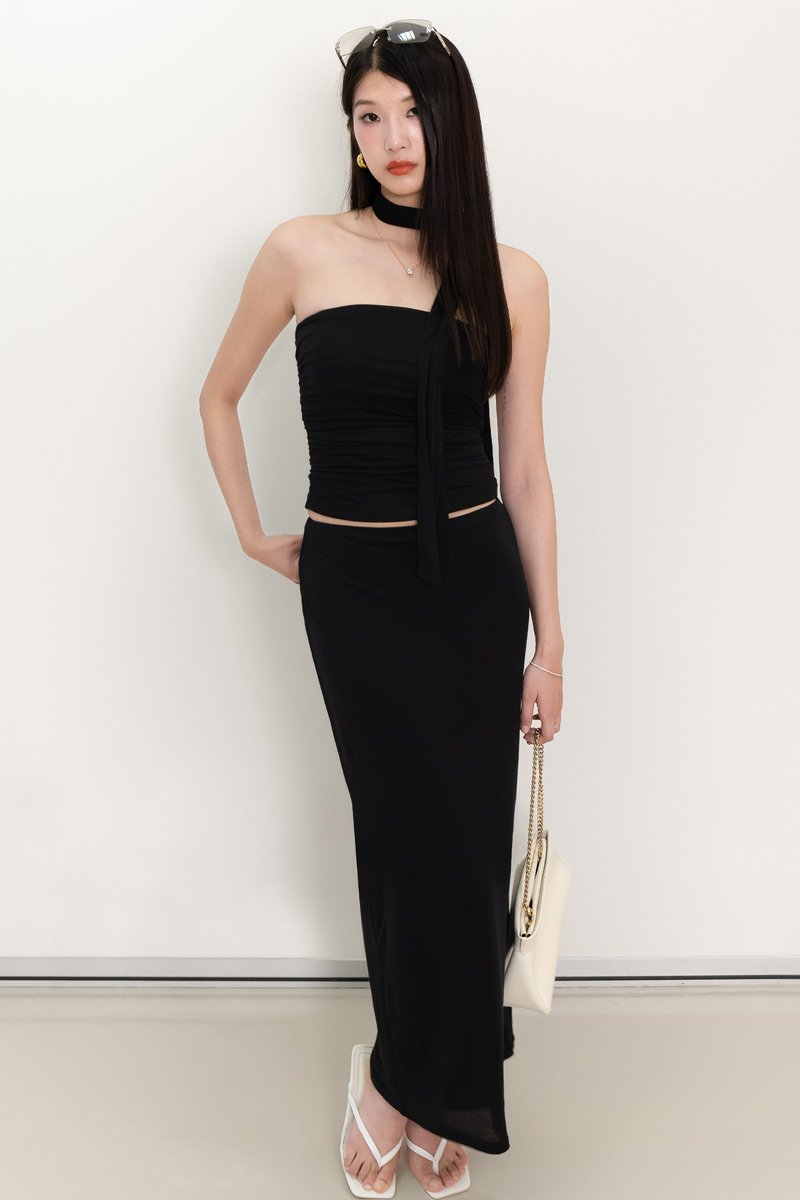 Cottie Co-ord Ruched Top With Sash in Black