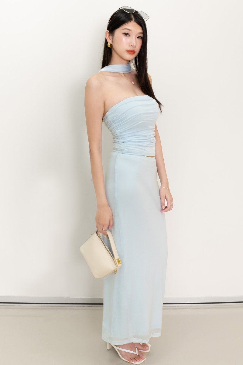 Cottie Co-ord Ruched Top With Sash in Light Blue