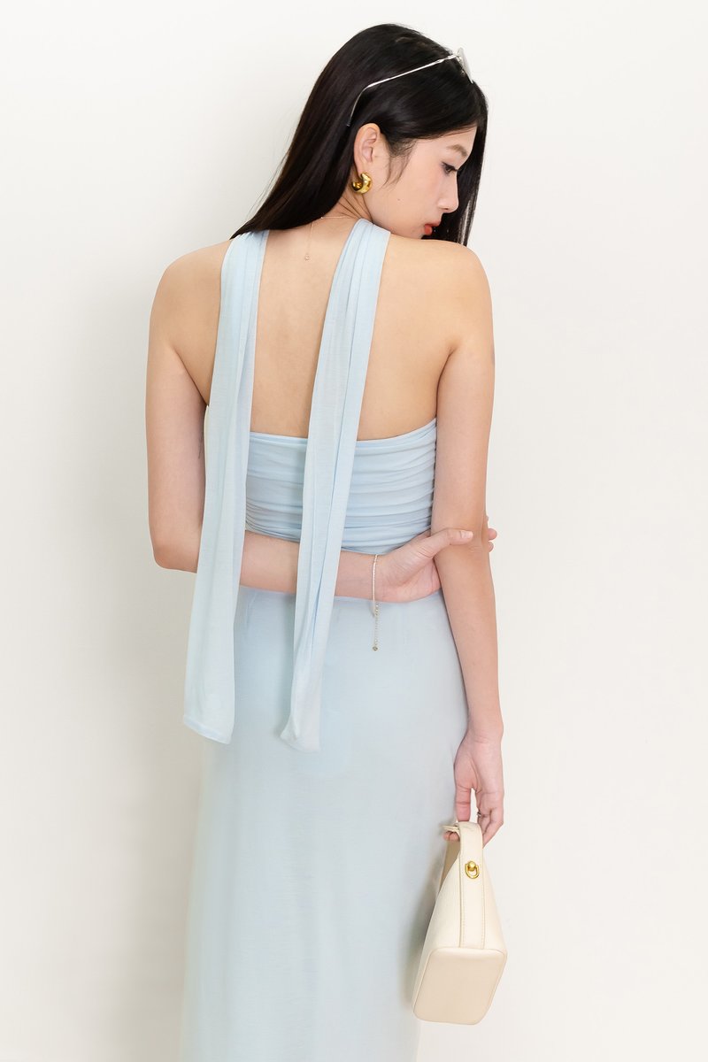 Cottie Co-ord Ruched Top With Sash in Light Blue