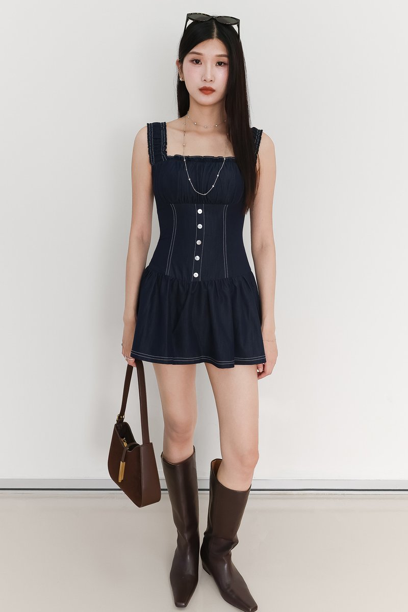 Cherine Chambray Romper Dress in Dark Wash