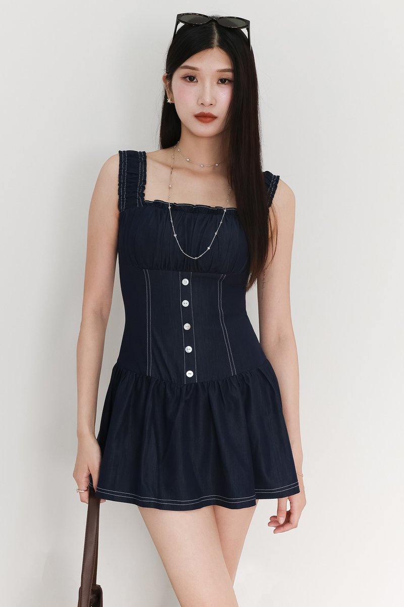 Cherine Chambray Romper Dress in Dark Wash