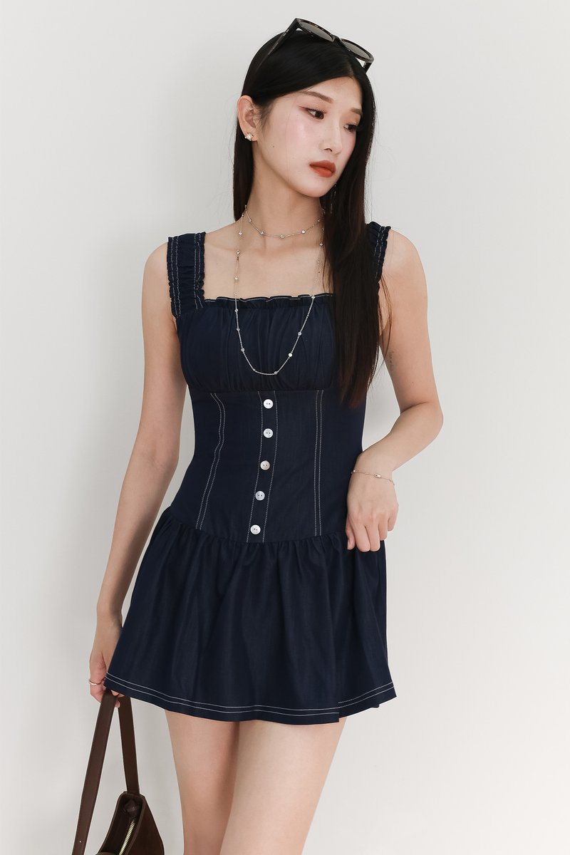 Cherine Chambray Romper Dress in Dark Wash