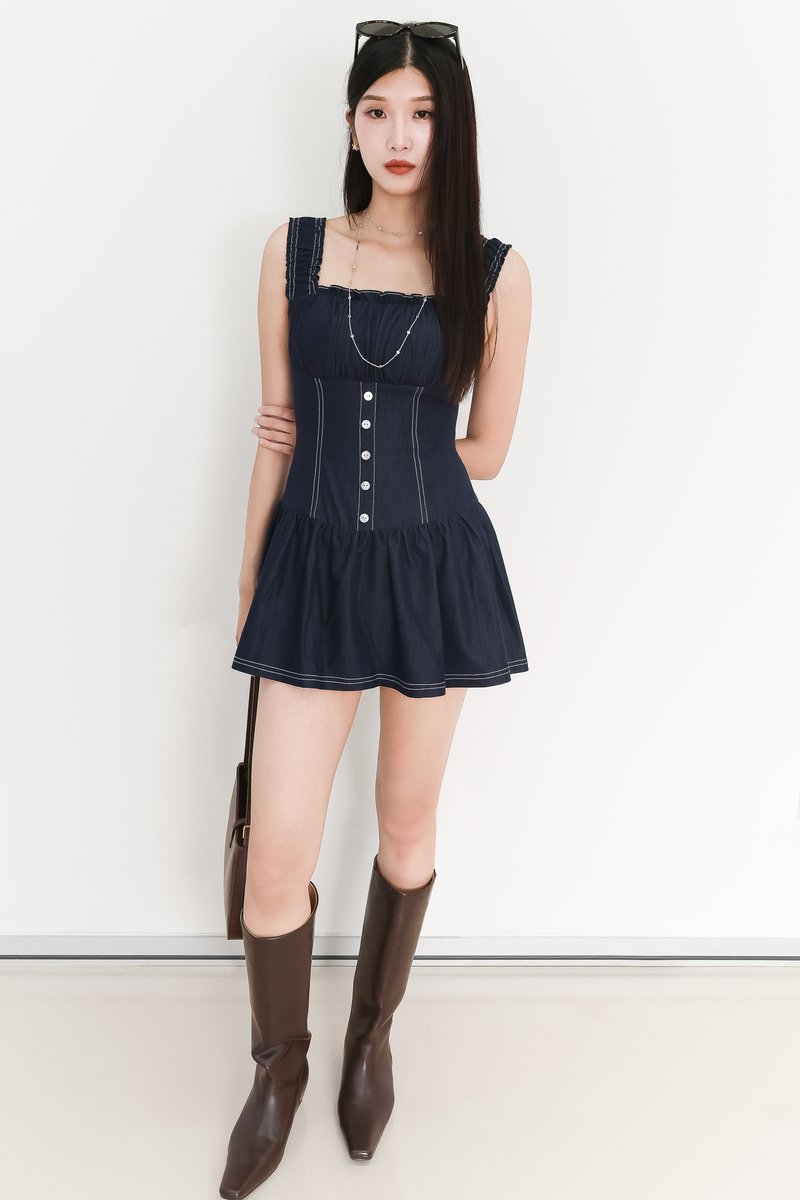 BACKORDER | Cherine Chambray Romper Dress in Dark Wash