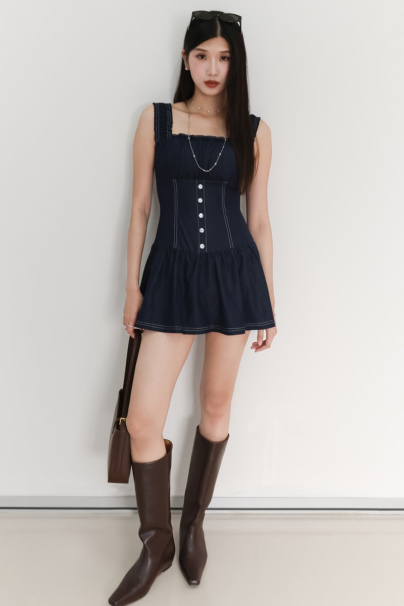 Cherine Chambray Romper Dress in Dark Wash
