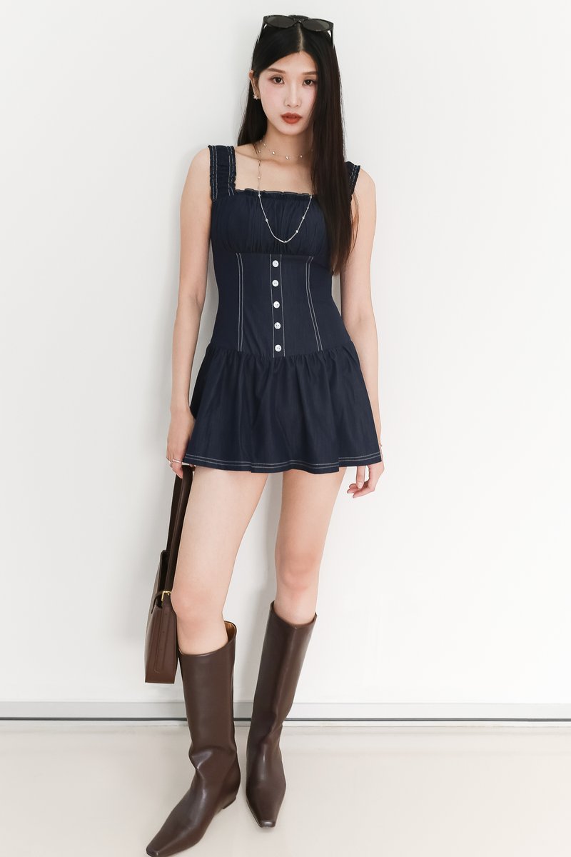 BACKORDER | Cherine Chambray Romper Dress in Dark Wash