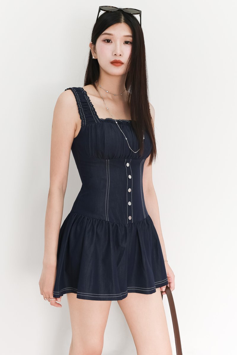 BACKORDER | Cherine Chambray Romper Dress in Dark Wash