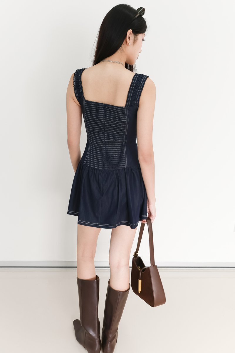 BACKORDER | Cherine Chambray Romper Dress in Dark Wash