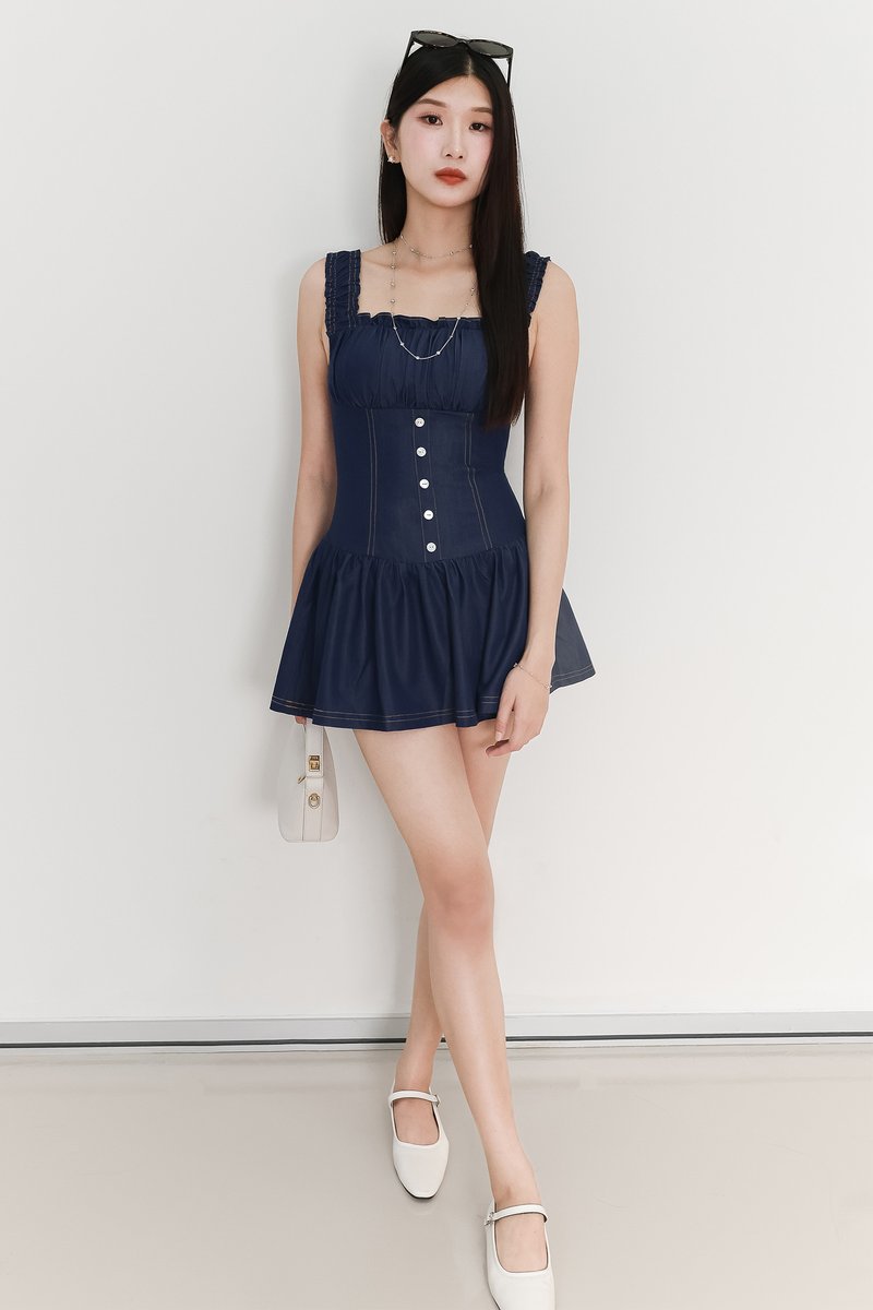 Cherine Chambray Romper Dress in Mid Wash
