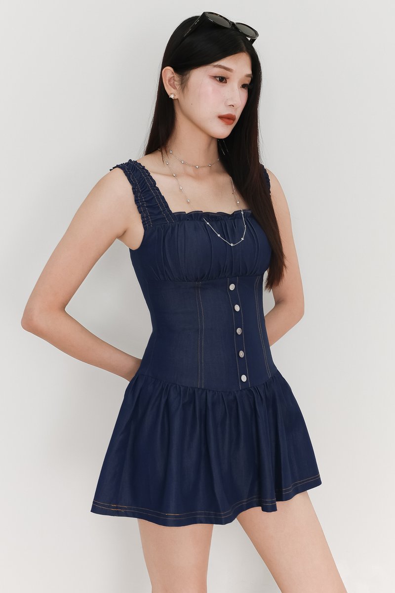 Cherine Chambray Romper Dress in Mid Wash