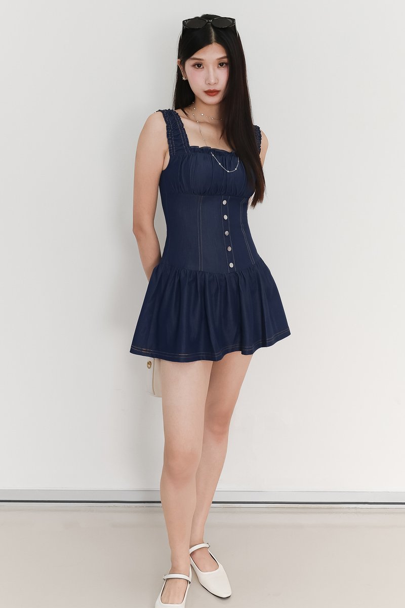 Cherine Chambray Romper Dress in Mid Wash