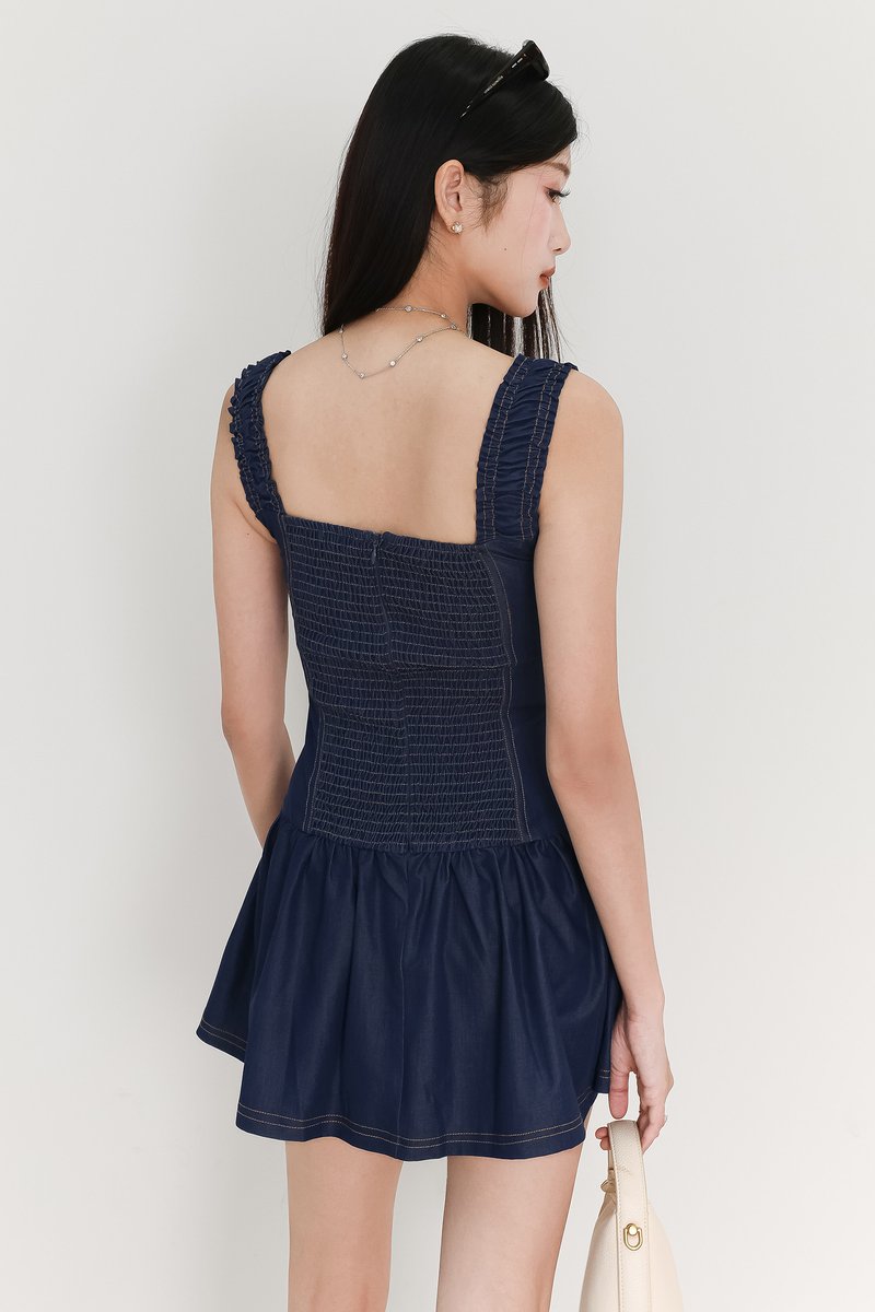Cherine Chambray Romper Dress in Mid Wash