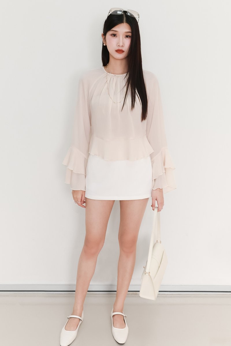 SALES EXCLUSIVE | Tenrie Textured Sleeved Top Tube Set in Nude Cream