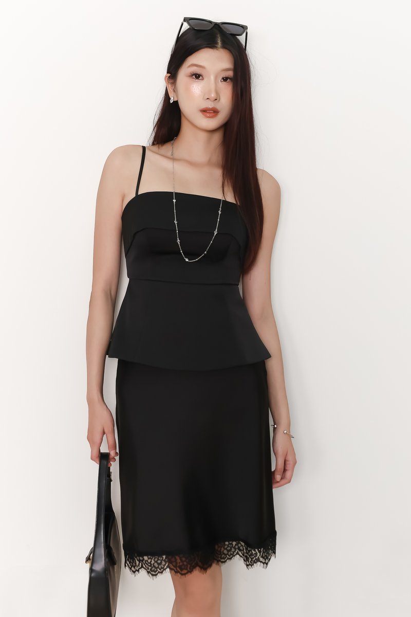 Maddy Midi Skirt With Lace Trim in Black