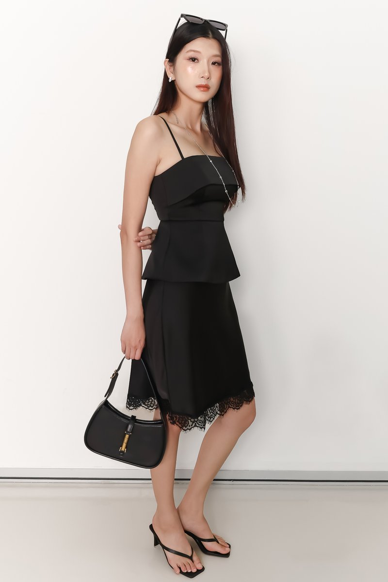 Maddy Midi Skirt With Lace Trim in Black