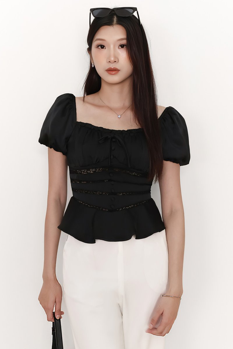 Perla Puffy Sleeved Top in Black