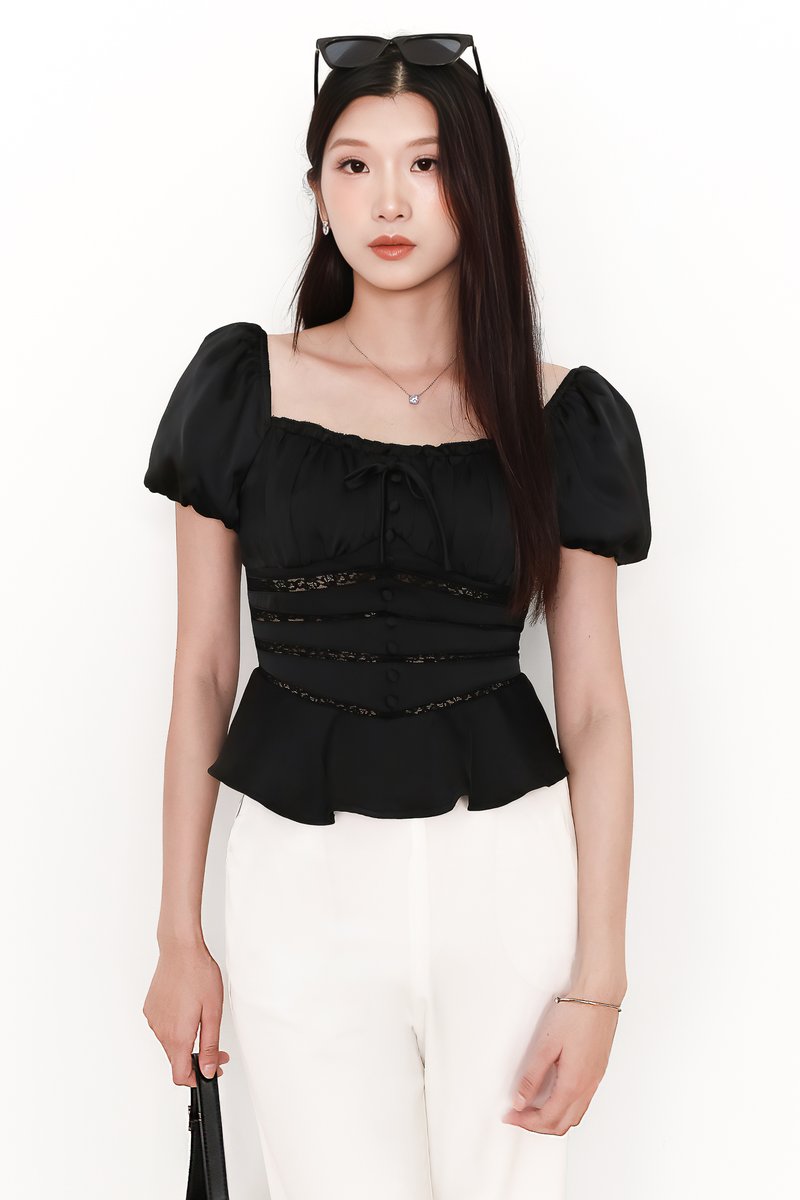 Perla Puffy Sleeved Top in Black