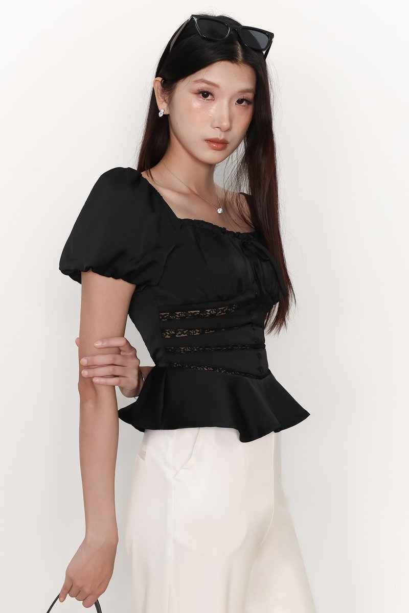 Perla Puffy Sleeved Top in Black