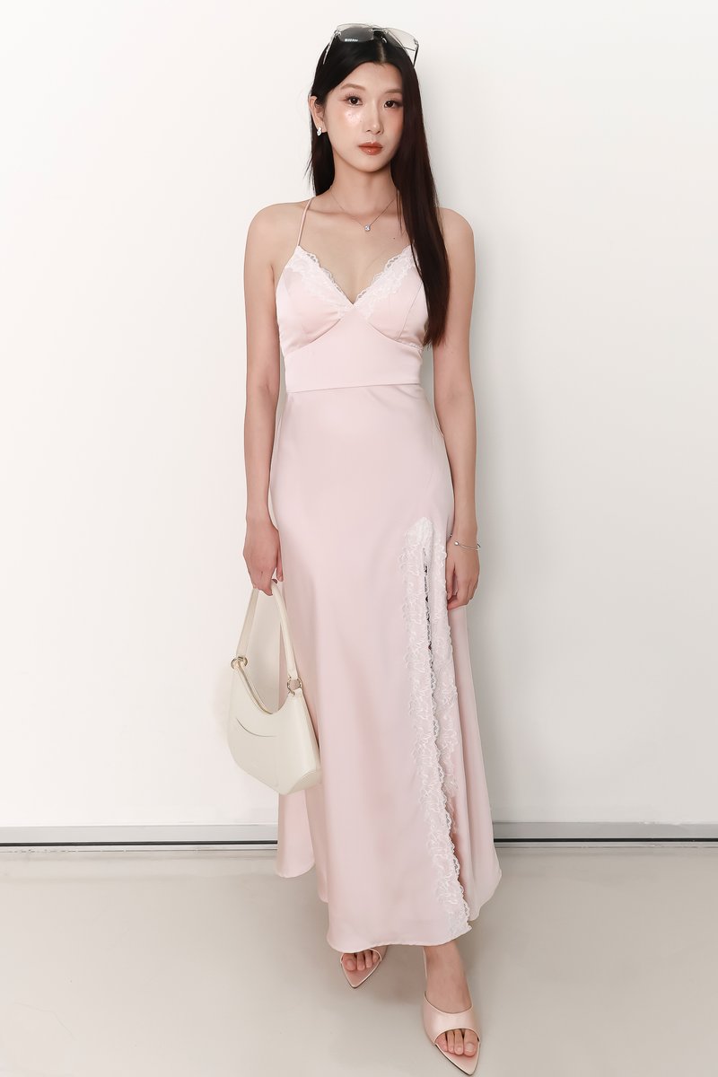 Lana Lace Trim Maxi Dress in Pastel Pink