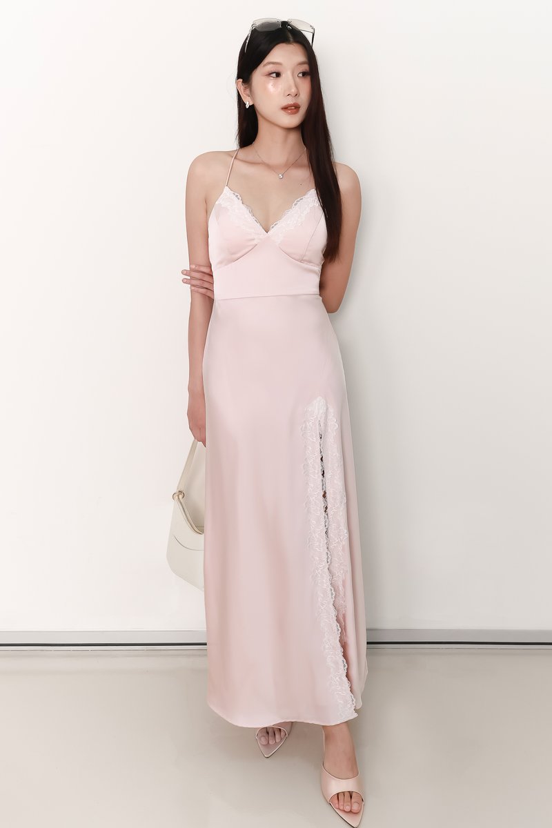 Lana Lace Trim Maxi Dress in Pastel Pink