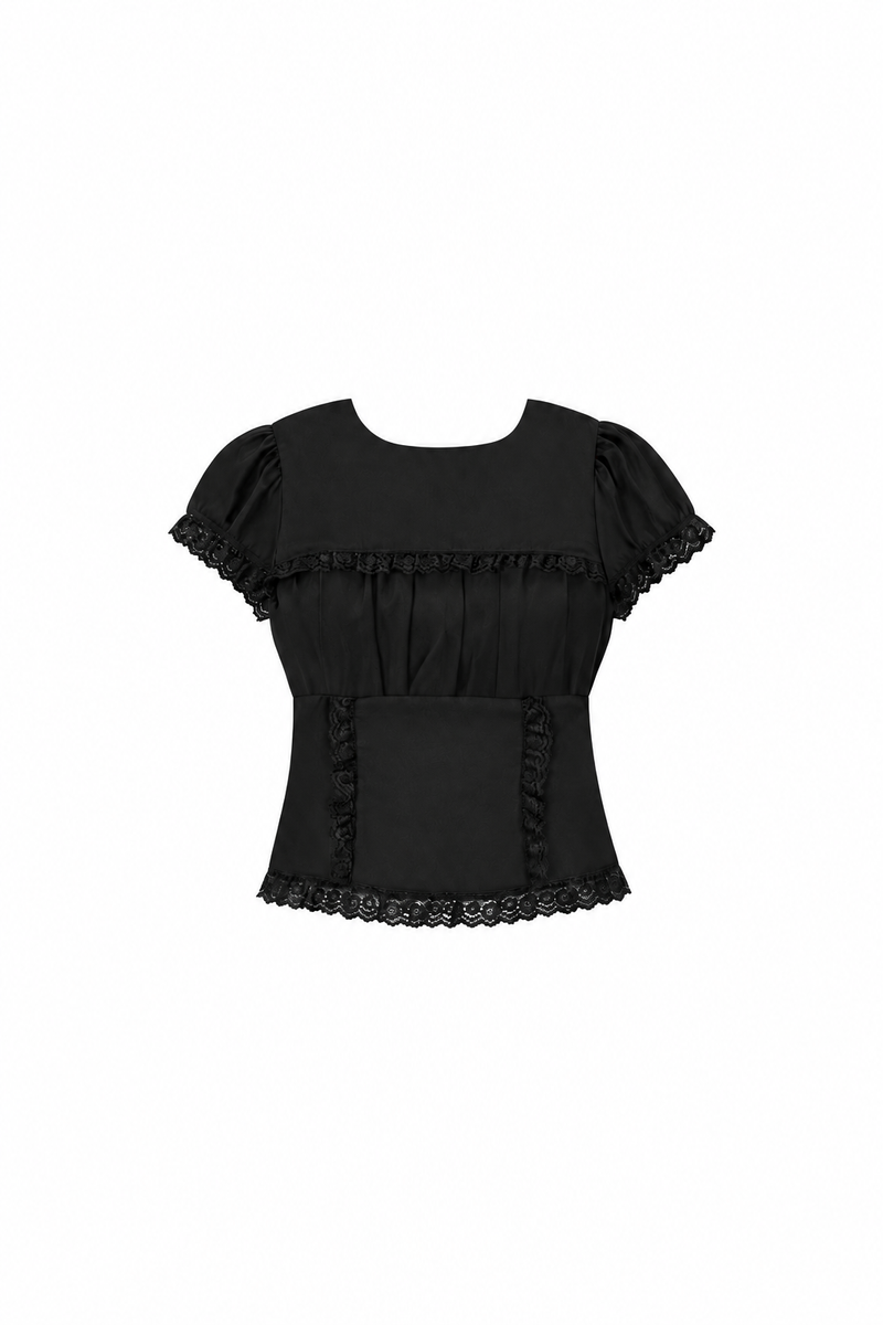 Sandra Sleeved Lace Trim Blouse in Black