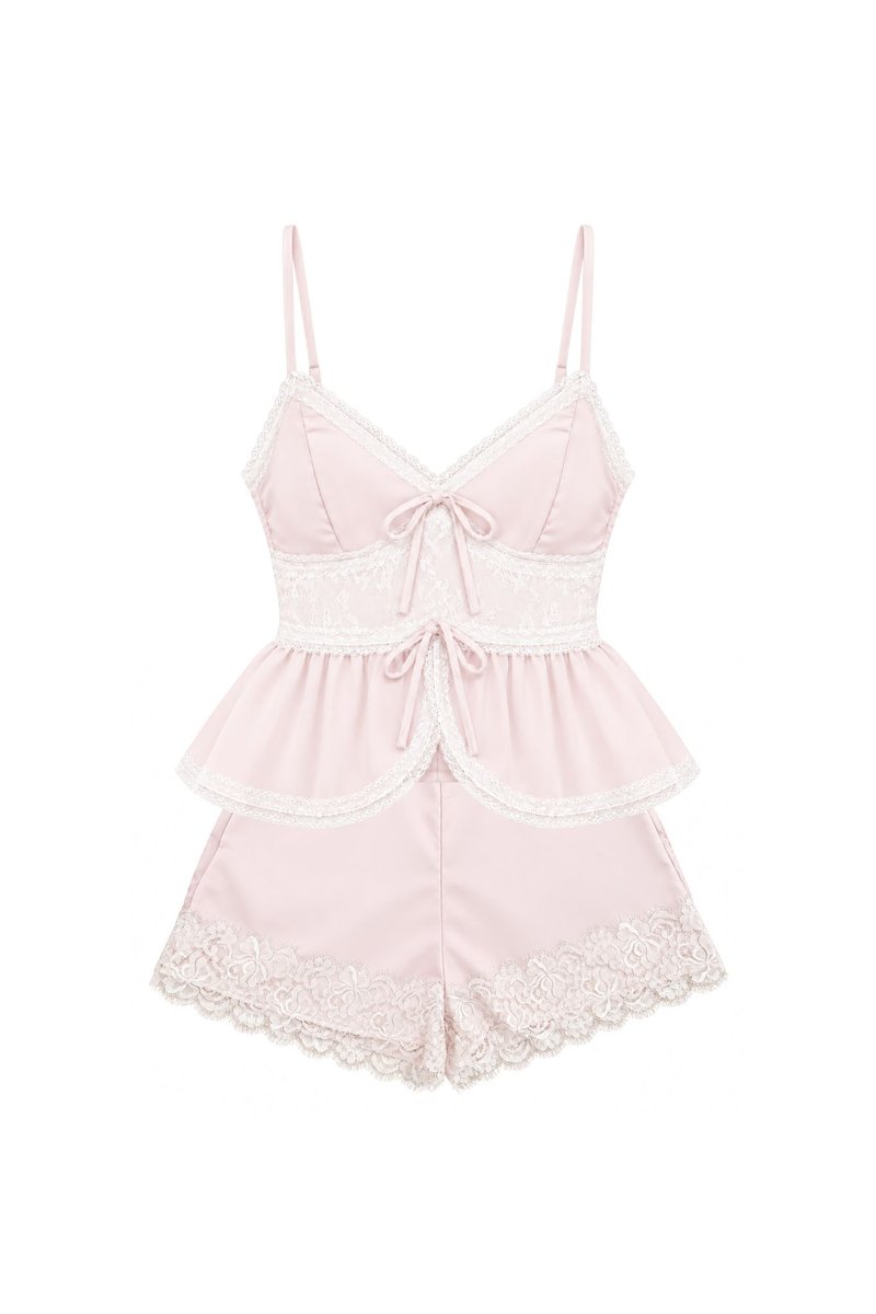 Lacey Lace Trim Co-ord Set in Pastel Pink