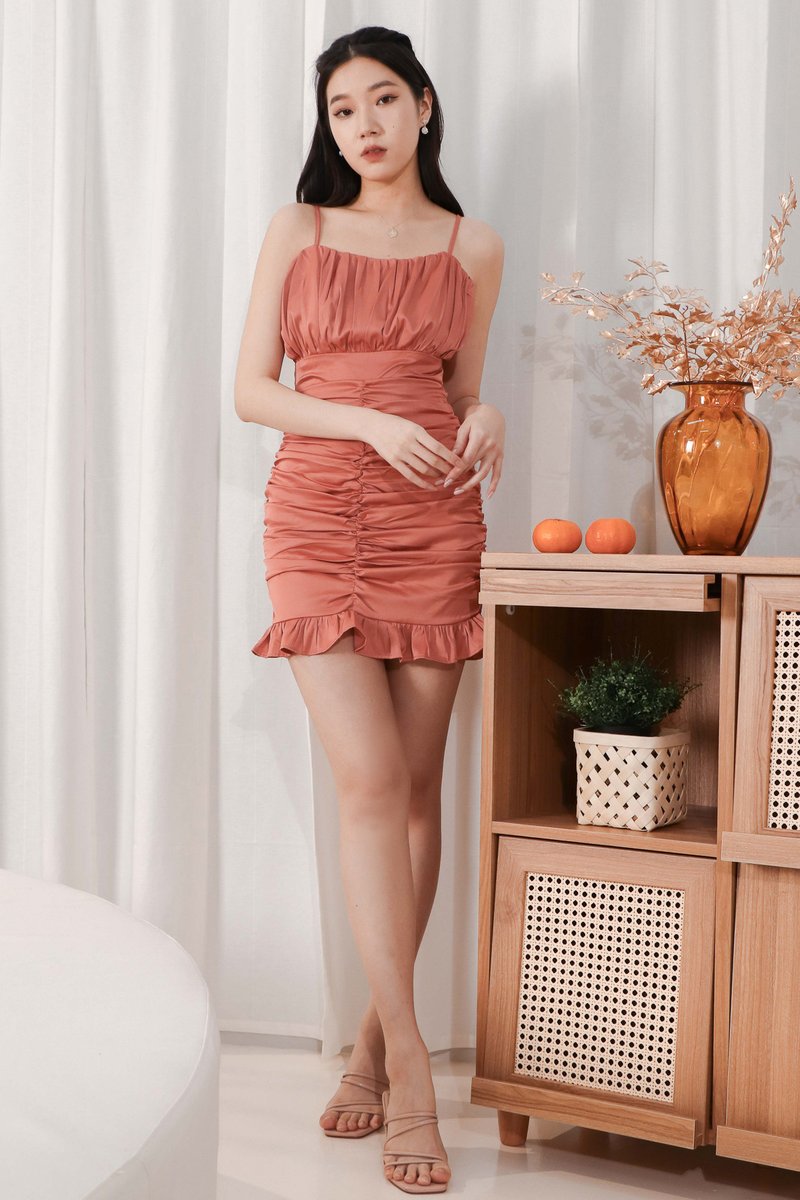 Ryn Ruched Dress in Coral