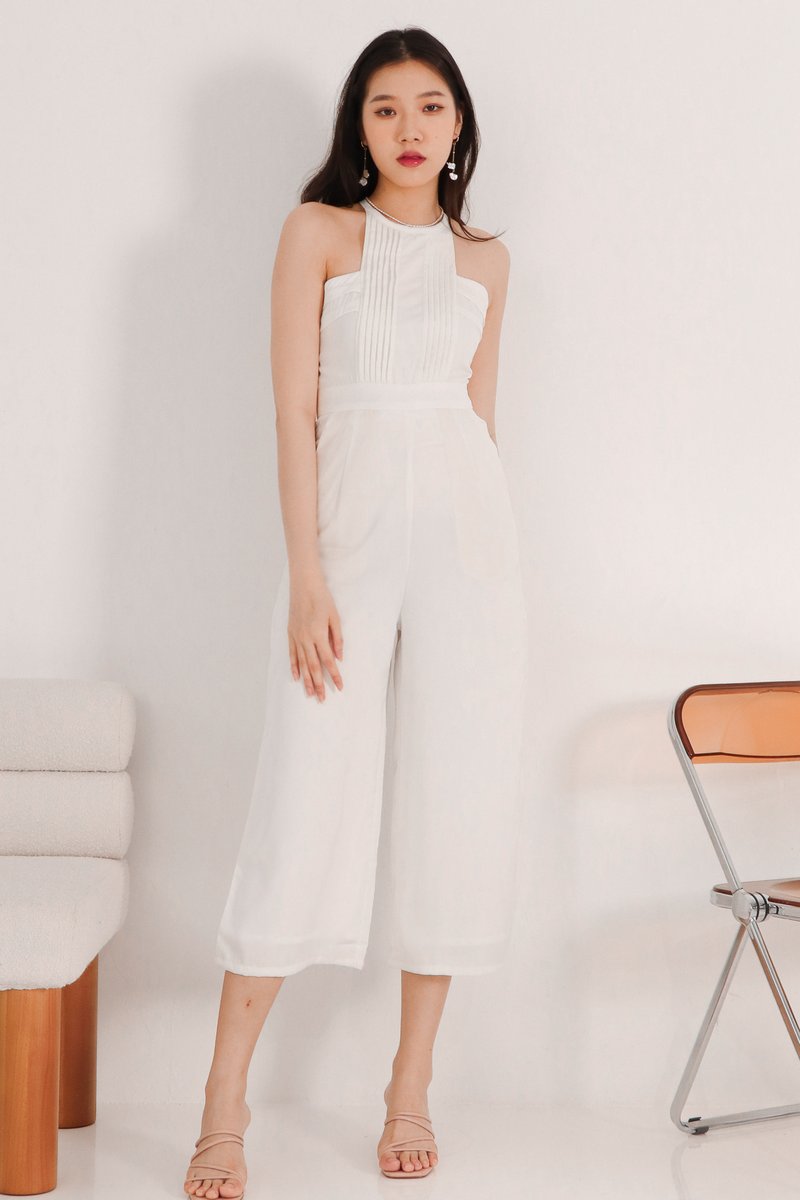 DEFECT | Perl Pleated Halter Jumpsuit in White in XS & S