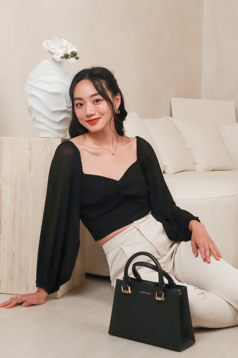 DEFECT | Sonia Sleeved Knotted Top in Black in XS