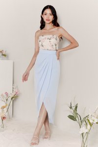 DEFECT | Deliana Drape Satin Midi in Pastel Blue in XXS, XS & M DEFECT | Deliana Drape Satin Midi in Pastel Blue in XXS, XS & M