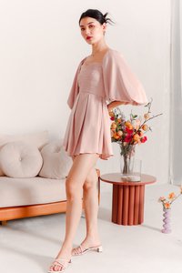 Petrine Pleat Sleeved Romper Dress in Pastel Pink Petrine Pleat Sleeved Romper Dress in Pastel Pink