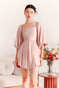 Petrine Pleat Sleeved Romper Dress in Pastel Pink Petrine Pleat Sleeved Romper Dress in Pastel Pink