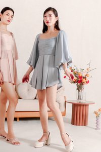 Petrine Pleat Sleeved Romper Dress in Pastel Blue Petrine Pleat Sleeved Romper Dress in Pastel Blue
