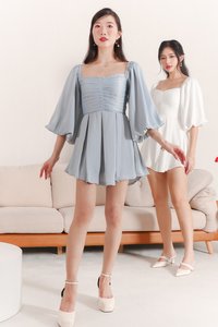 Petrine Pleat Sleeved Romper Dress in Pastel Blue Petrine Pleat Sleeved Romper Dress in Pastel Blue