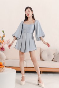 Petrine Pleat Sleeved Romper Dress in Pastel Blue Petrine Pleat Sleeved Romper Dress in Pastel Blue
