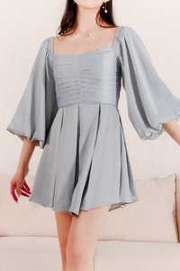 Petrine Pleat Sleeved Romper Dress in Pastel Blue Petrine Pleat Sleeved Romper Dress in Pastel Blue